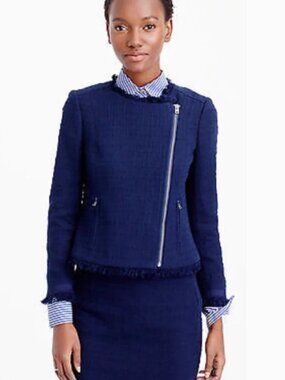 J. Crew Tweed motorcycle jacket with fringe navy blue 00